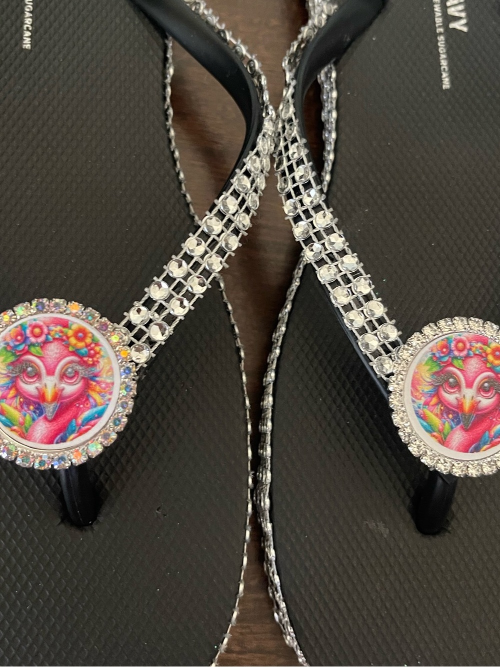 Black Jeweled Flip Flop Sandals with Pink Rainbow Owl Accent